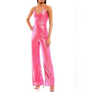 GBSleeveless V-Neck Lace-Up-Back Sequin-Embellished Hot Pink Jumpsuit